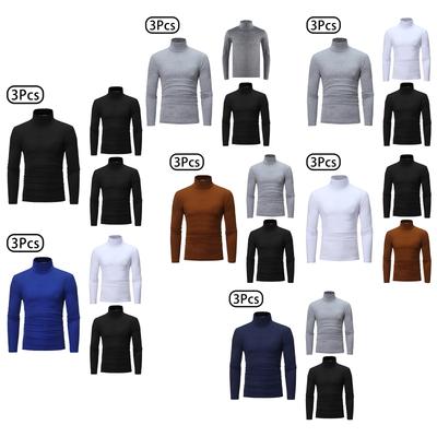 Lot de 3 T-shirts décontractés à col haut et manches longues pour homme, couleur unie, coupe ajustée, pull, maillot de corps, couche de base thermique