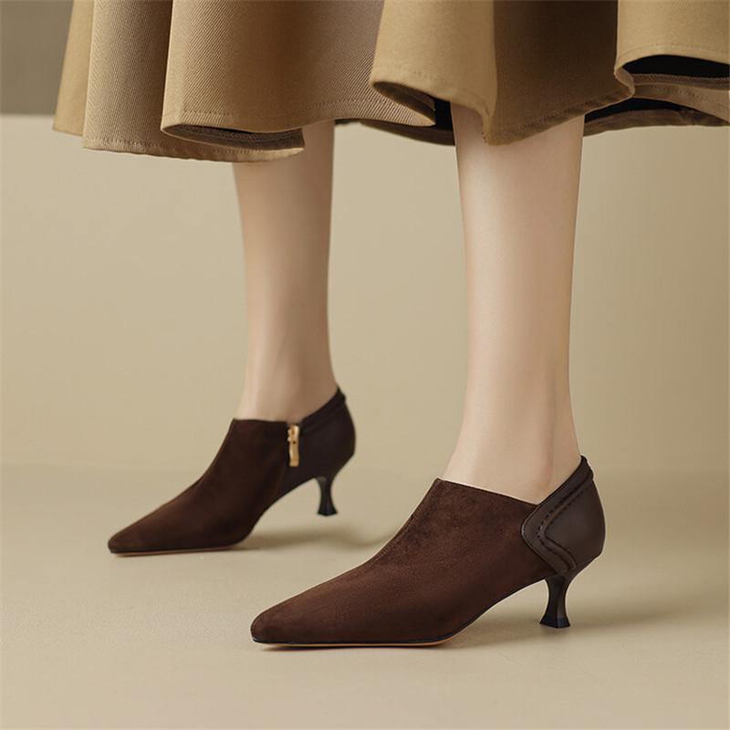 Fashion New Spring Sheep Suede Women Shoes French Retro Pointed Toe Women Pumps Side Zipper Loafers Shoes for Women Ladies Shoes