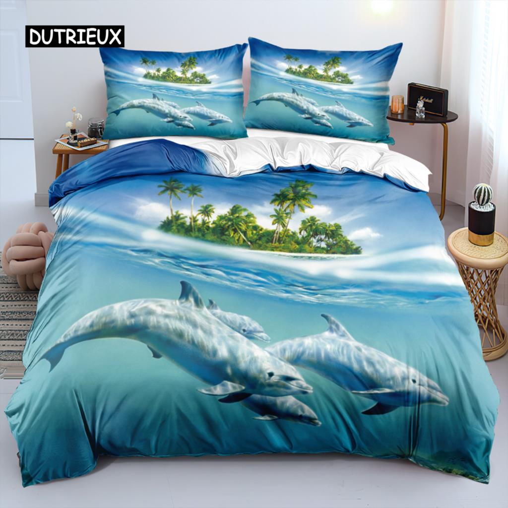 Marine Life Quilt Cover King Dimension Microfiber Blue Ocean Dolphin Turtle Design Single Size Bed Linen Package Hawaiian Vacation Style Quilt Cover