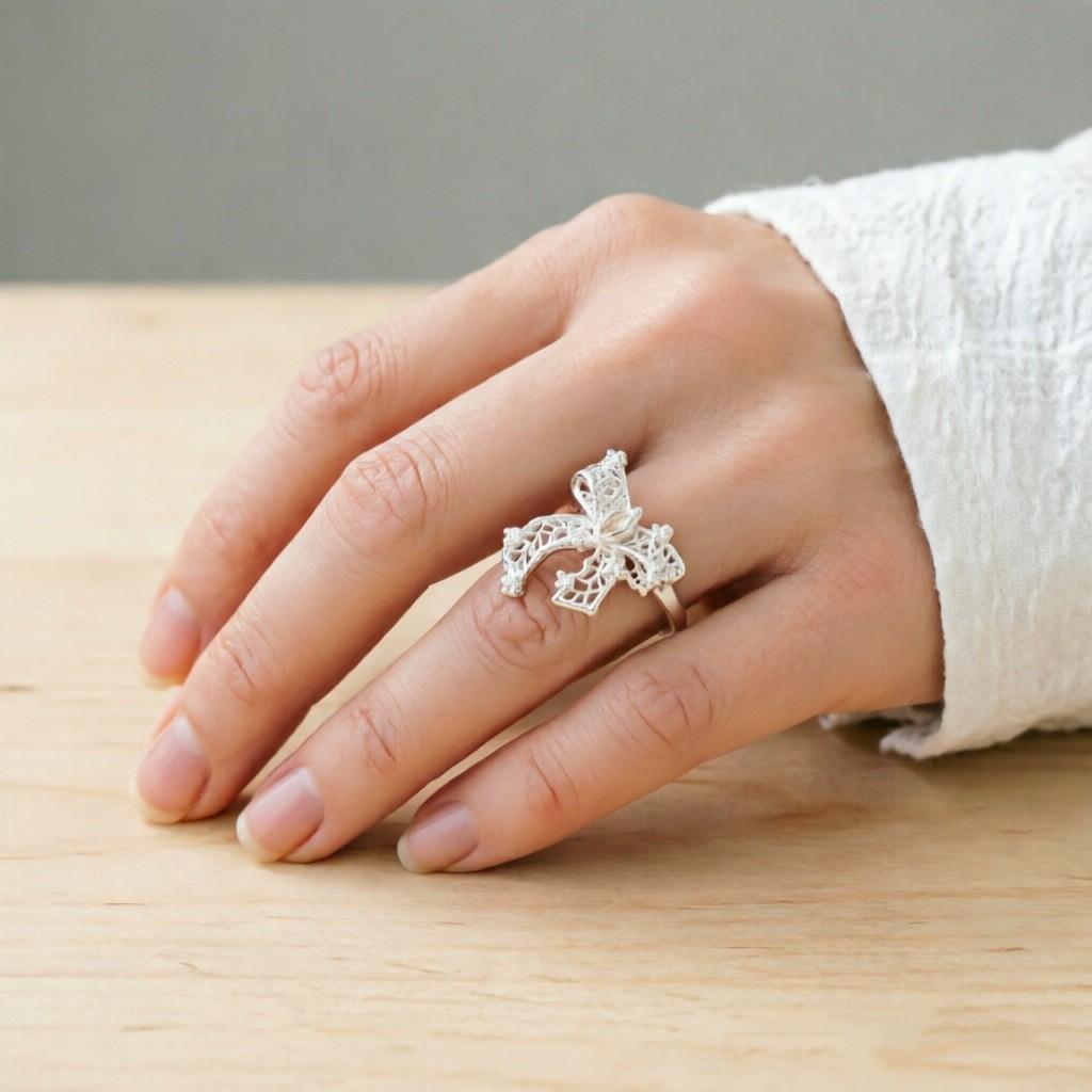 VENTFILLE 925 Sterling Silver Retro Flower Bow Ring For Women Ethereal Aura Temperament Party Gift Jewelry Luxury Dropshipping