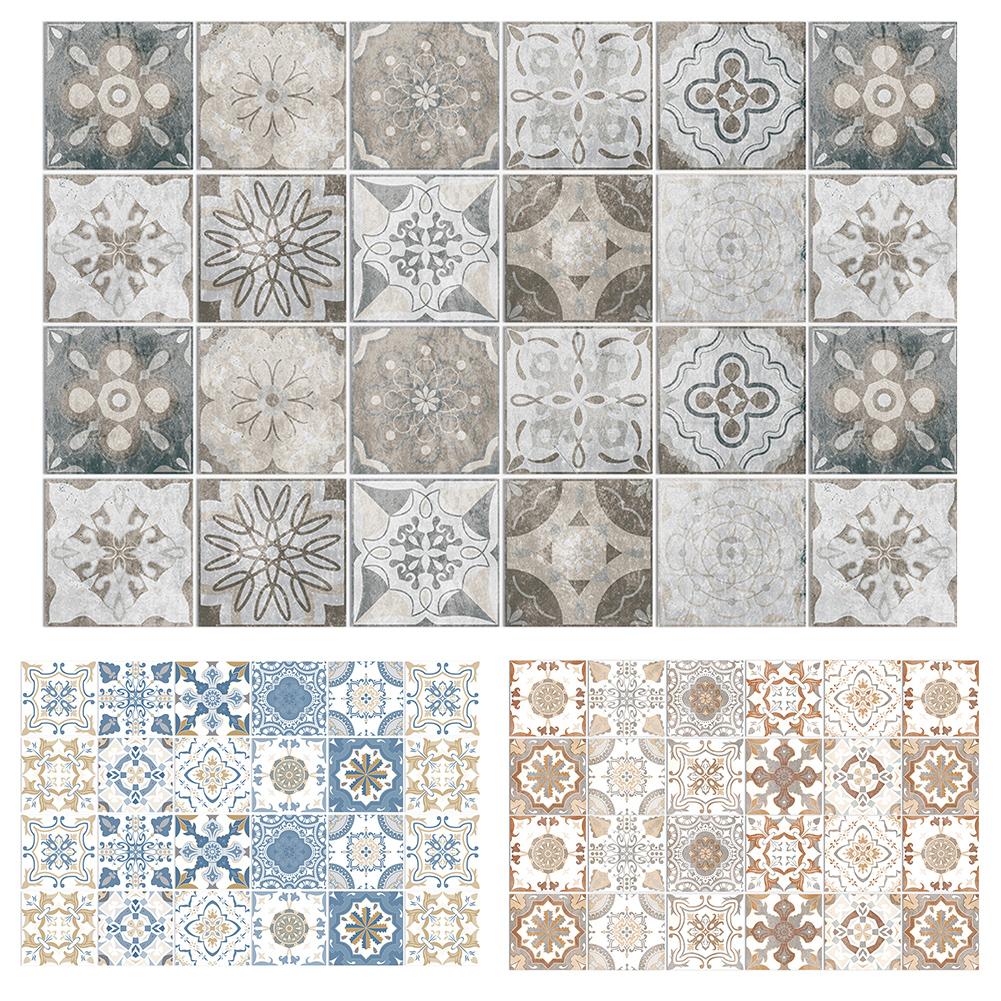 24 Pieces Retro Pattern Glossy Self-Stickers Art Tile Stickers For Kitchen And Bathroom Removable Waterproof Wall Sticker Decal