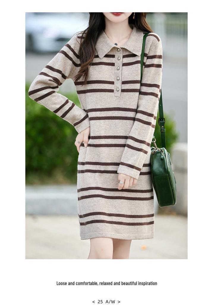 Women's Striped Wool Knit Sweater Dress with Half-Open Button-Up Polo Collar