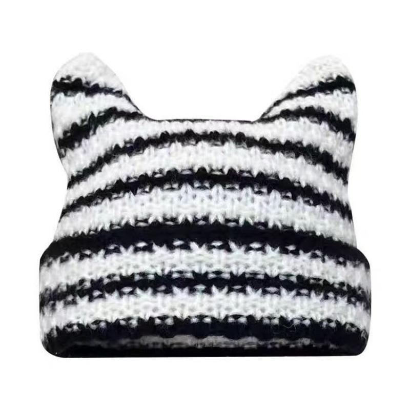 New Japanese Streetwear Harajuku Beanie Little Devil Striped Knitted Hat Women Girls Autumn Winter Cute Cat Ears Cap