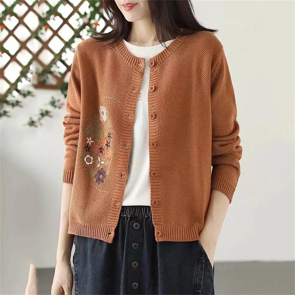 Retro Bestickt Rundhals Wolle Mischung Gestrickt Cardigan Damen Locker Vielseitig Herbst Winter Langarm Außen