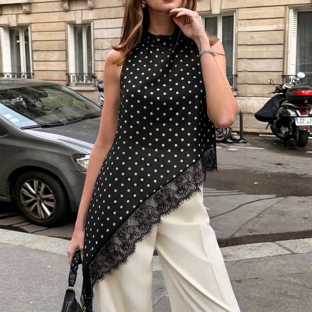 Women's Sleeveless Lace Trim Asymmetric Hem Top Lightweight Soft Fabric Round Neck Casual Blouse for Summer and Spring