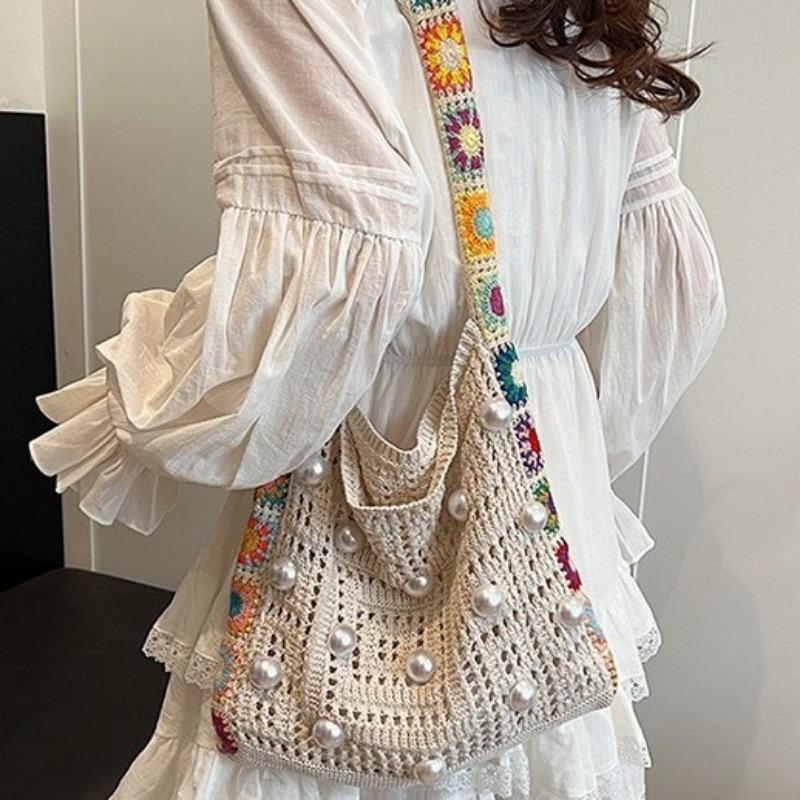 Bohemian Folk Wind Hook Floral Bag Women's Knitted Wool Crossbody Bag Relaxant Tote Bag
