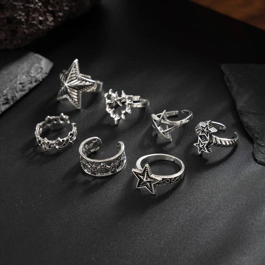 4/7Pcs Hip Hop Thorn Rings Unisex Star Heart Open Ring Sets Fashion Punk Gothic Exquisite Daily Wear Party Banquet Jewelry Gifts