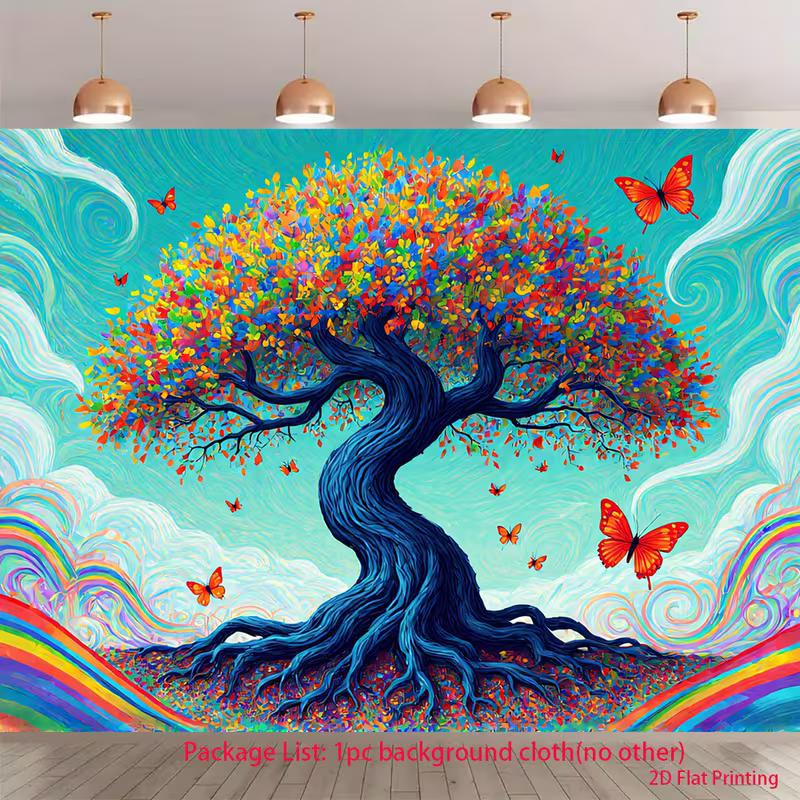 2D Dreamy Tree of Life Backdrop with Multicolor Leaves & Butterflies for Art Events 47.2x31.5inch/120*80cm