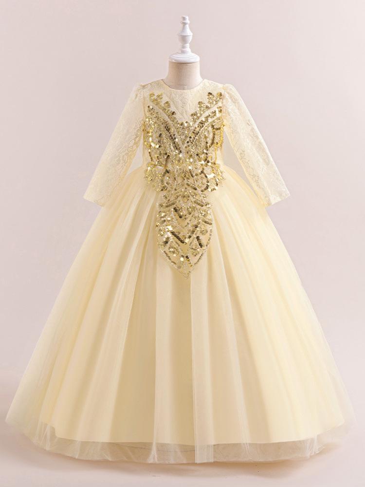 Children's Formal Princess Evening Gown - Sequined Embroidered Long Sleeve Lace Dress
