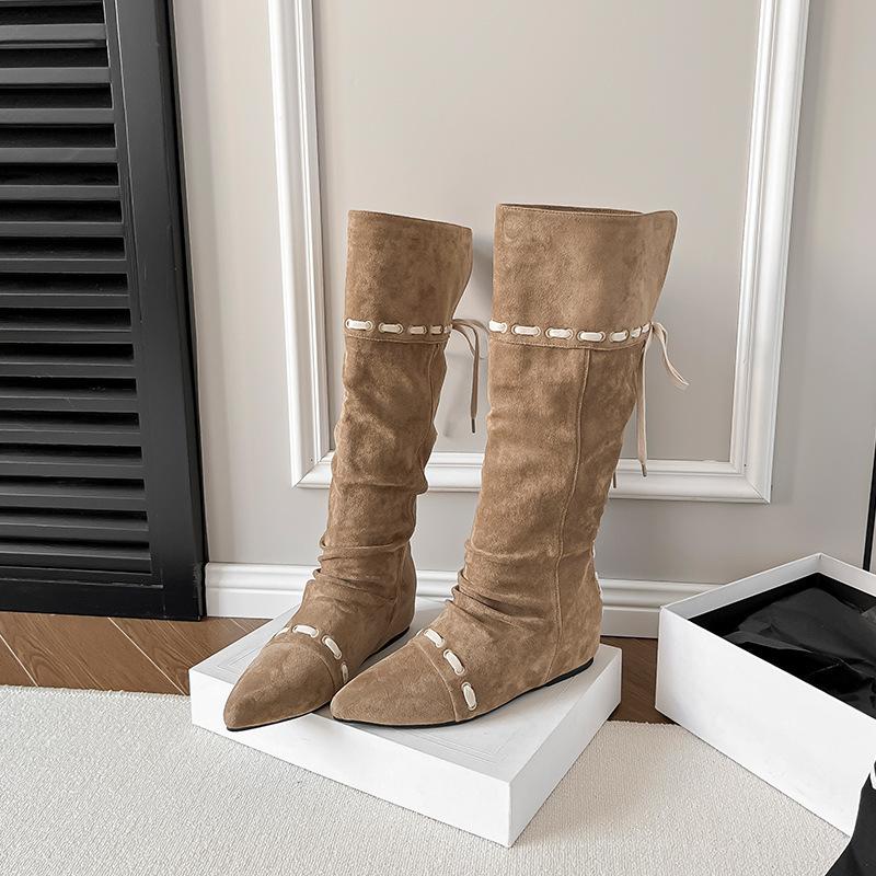 Cowhide retro inner height-increasing pointed head high tube boots, new string-strap pleated thin boots, folded and two stacked boots