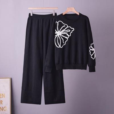Womens Elegant Knit Set With Floral Embroidery Crewneck Sweater Wide-Leg Casual Pants