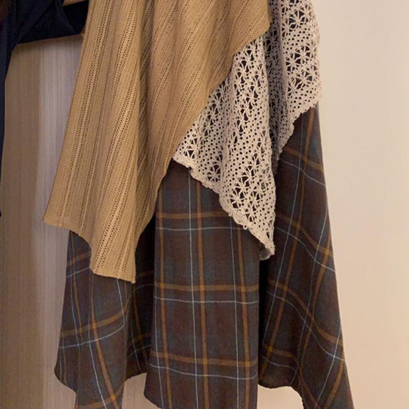 Fustă Midi Asimetrică Carouri de Toamnă Iarnă Stil Coreean pentru Femei, Fustă Lungă cu Tiv Patchwork Retro