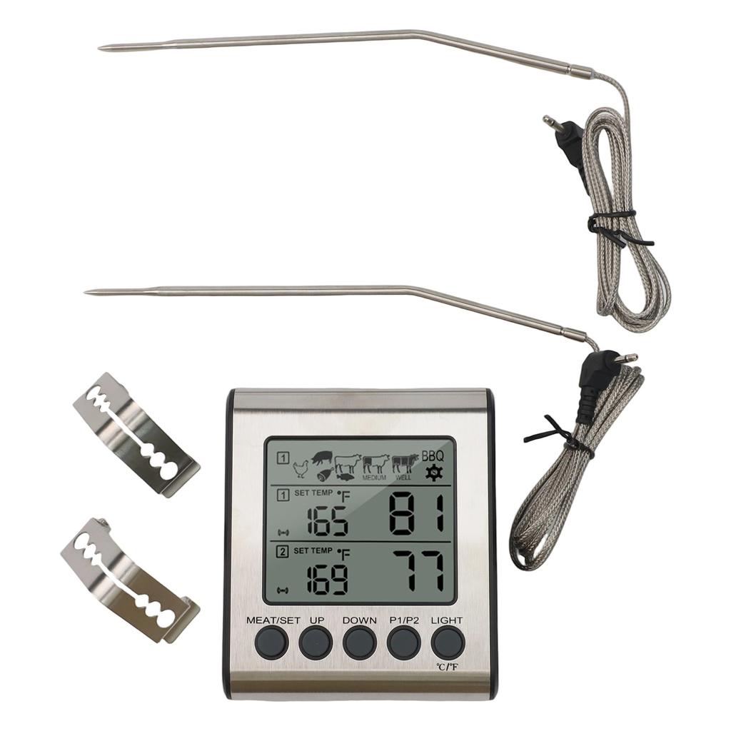 BBQ Thermometer Featuring Dual Probes and Backlit LCD Display with HiLow Alarm for Accurate Temperature Management