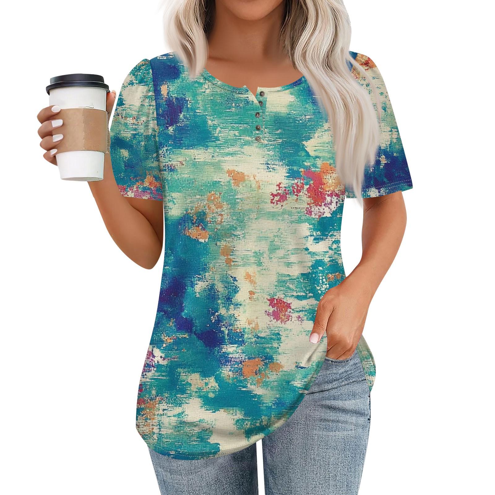 

Женский модный повседневный короткий рукав пуловер с цветочным принтом и круглым вырезом на пуговицах XL небесно-голубой