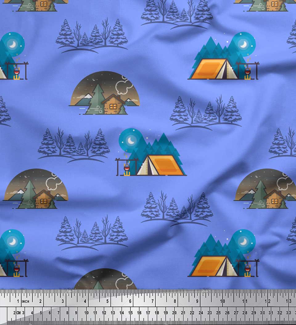 

Soimoi Grey Japan Crepe Satin Tent & Tree Nature Print Тканина на метри 42 дюйма 42 Inch Wide - Poly Crepe синій