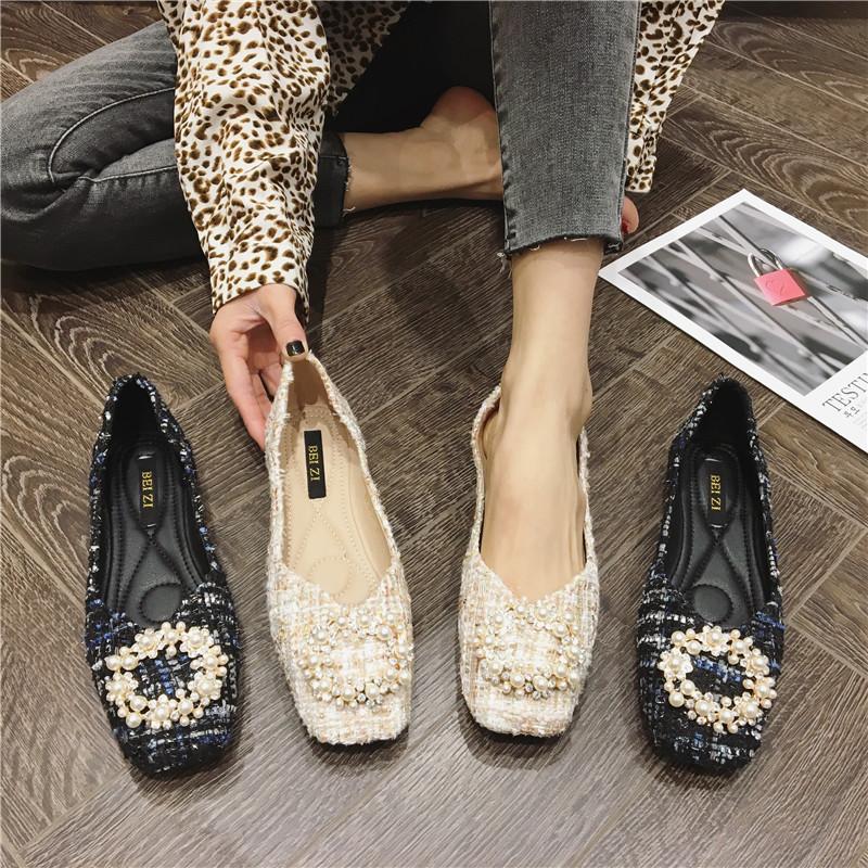 Fashion String Bead Flats Women Round Buckle Ballet Shoes Shallow Moccasins Femme Square Toe Mixed Colors Tweed Fabric Ballerinas Ladies