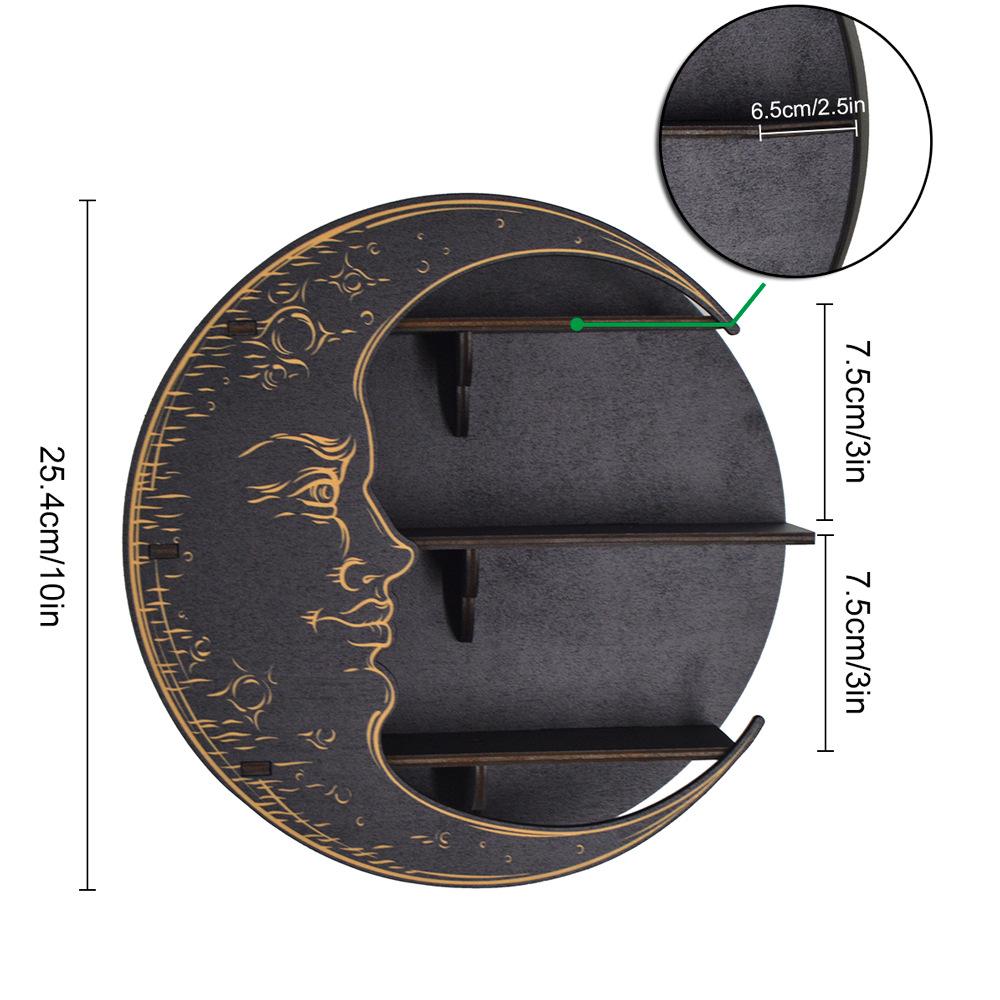 Boho Wall Mounted Black Moon Round Wooden Stand Rack Crystal Storage Display Floating Shelf Home Decoration