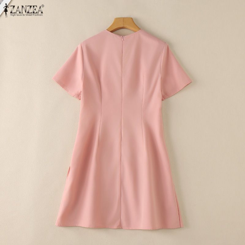 ZANZEA Women Casual Round Neck Summer Short Sleeve Dress