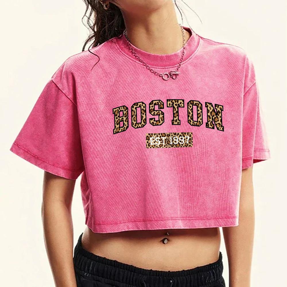 Leopardenmuster Boston Print Gewaschenes T-Shirt Damen Lässig Retro T-Shirts Sommer Baumwoll-T-Shirt Kleidung Lässiges Oberteil