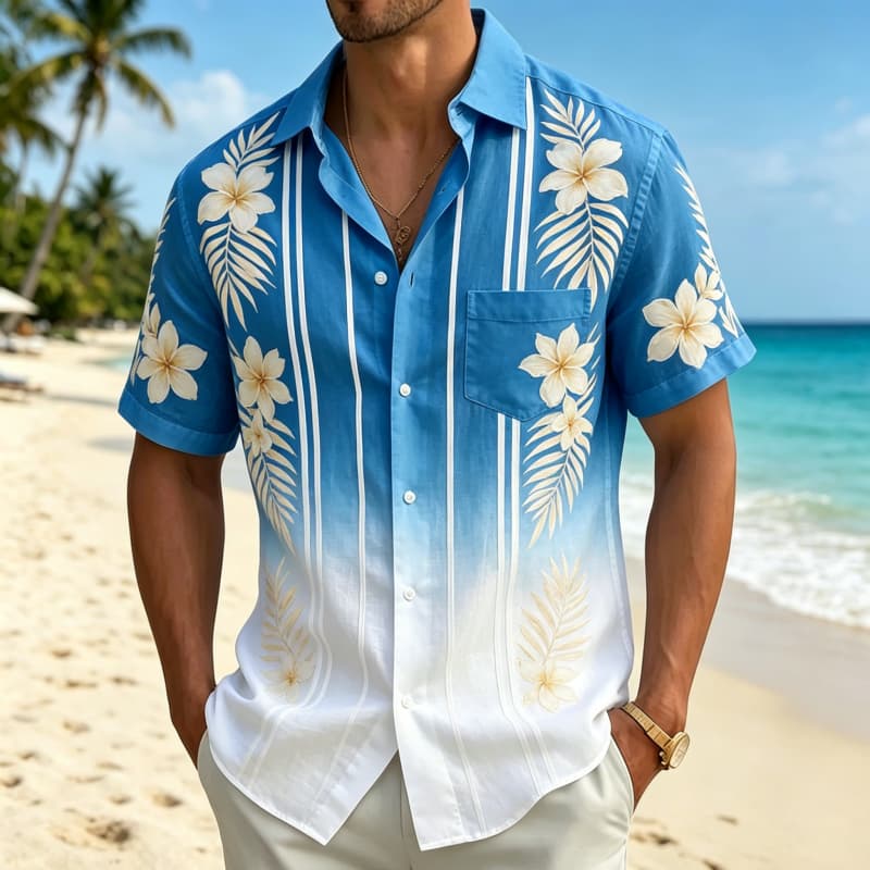 Gradient Tropical Flowers And Minimalist Printed Short Sleeved Shirt With pockets, For Summer Beach Vacations And Daily Travel