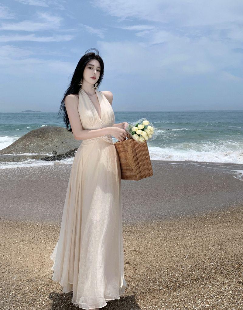 French Goddess Style Backless Halter Dress – Summer Beach Fairy Long Skirt