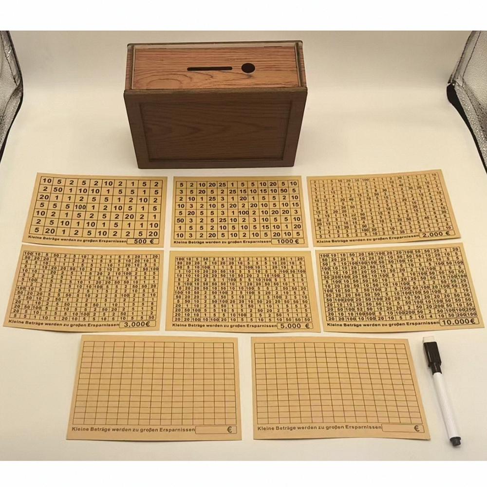 USD or EURO Cash Vault Wooden Savings Box with Money Target and Numbers, Coin Counter Piggy Bank with Counter and Pen