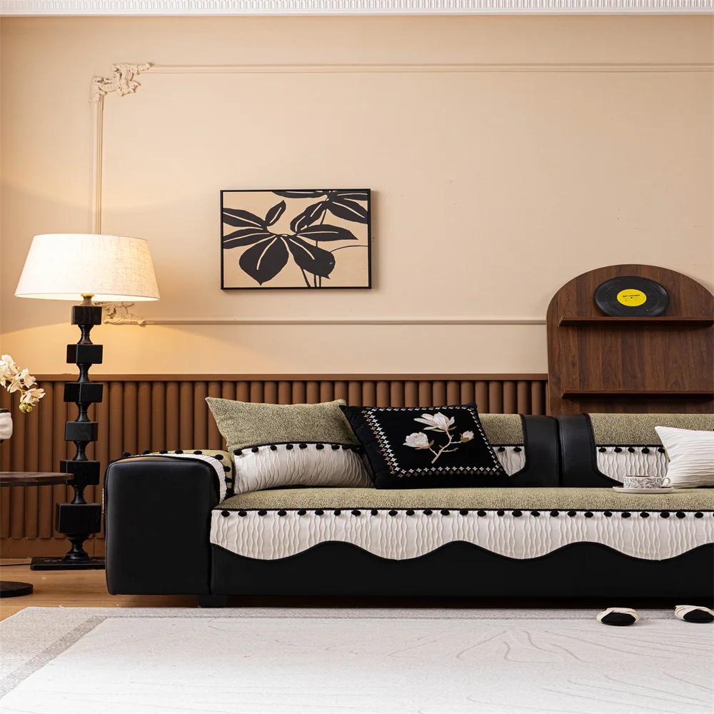 Retro Chenille Sofa Cushion Cover Universal Non-Slip Fixed Straight Row All-Seasons Slipcover for Home Comfort