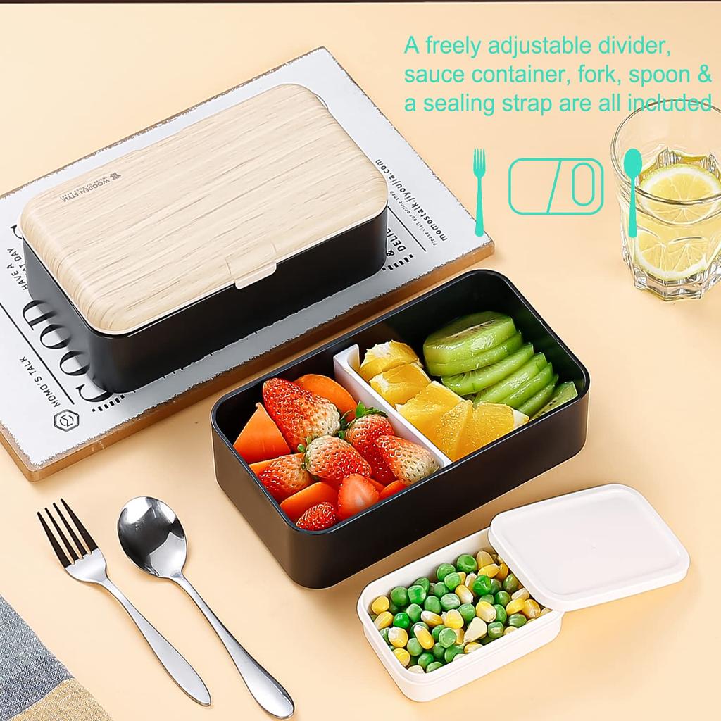 Original Bento Lunch Box Japanese Style 2 Layer Food Container with Utensils Spoon and Fork Bundle Dividers Salad Box Unisex (Black)