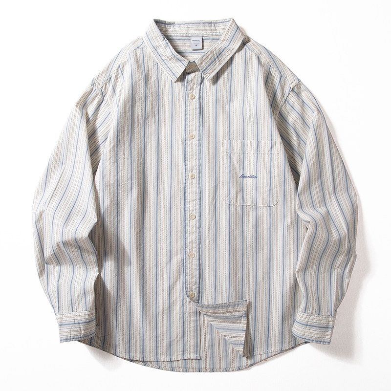 Striped Long-Sleeve Shirt for Men, Pure Cotton, Japanese Retro Style, Artistic Shirt, Simple Casual Versatile Thin Jacket for Spring and Autumn White M