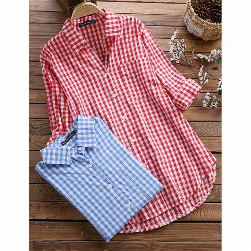 

Check Plaid Womens Ladies Loose Casual Plus Size Long Sleeve Shirt Tops Blouse