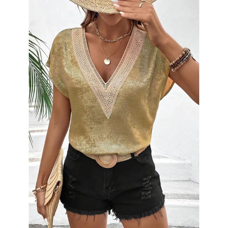 

Summer Lace Lace Short-sleeved Casual Loose V-neck Batsleeved T-shirt Top S золотой