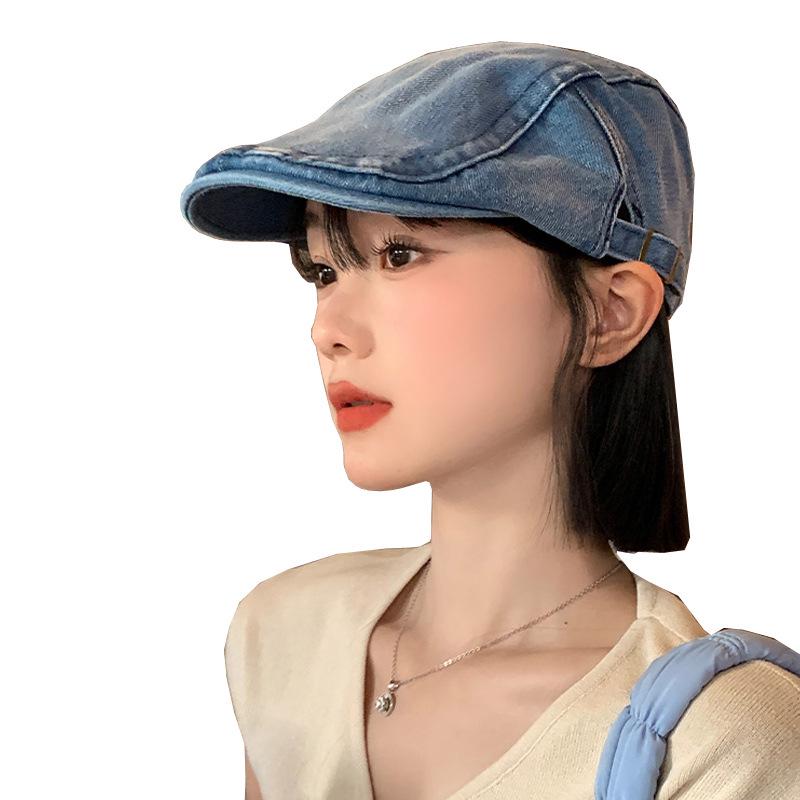 Women's Retro Washed Denim Newsboy Cap - Korean Style, Large Fit, Face-Slimming Beret