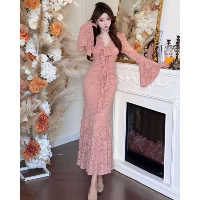 Korean Style Elegant Bowknot Patchwork Long Dress with Zipper and Flare Sleeves