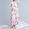 Real Summer New Literary Loose Cotton and Linen Printing Round Neck Sleeveless Dress Women's Medium and Long