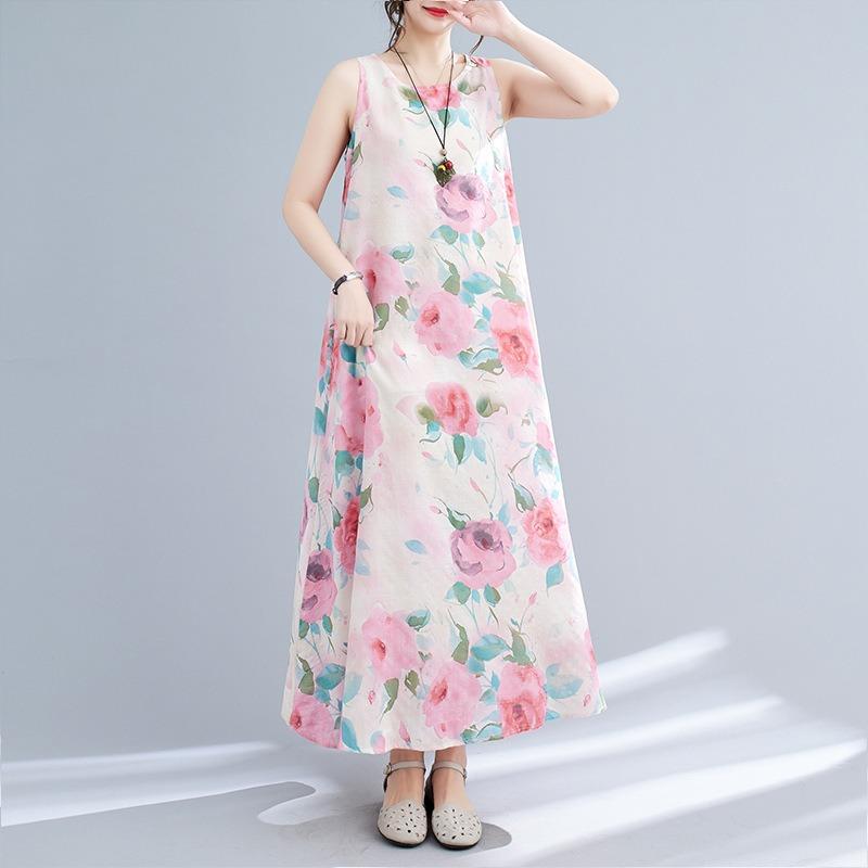 Real Summer New Literary Loose Cotton and Linen Printing Round Neck Sleeveless Dress Women's Medium and Long