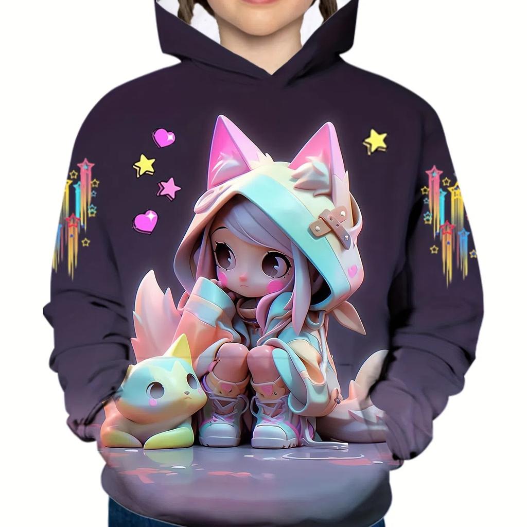 Girl's Cute Anime Girl and Cat 3D Pattern Trendy Hoodie Loose Casual Comfy Tops Hooded Sweatshirts for Kids Fall Winter Clothing