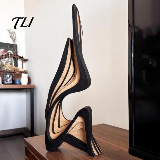 Minimalist Abstract Home Accents Wood Art Sculpture, Modern Solid Figurine for Living Hand Painted Poplar Craft Room Tabletop Decor,