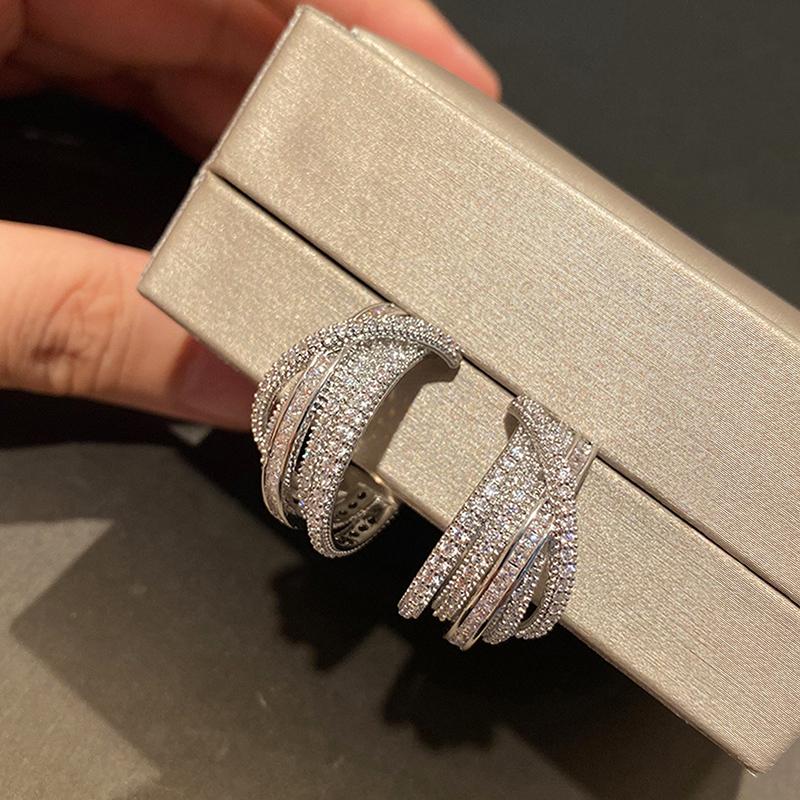 Huitan Gorgeous Hoop Earrings with Bright Zirconia Female Daily Party Fashion Cross Line Design Ear Accessories for Wome