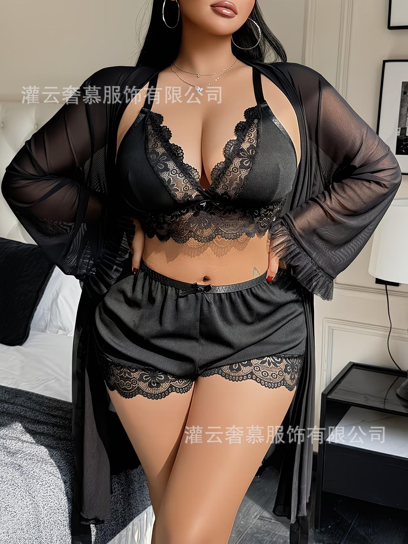 Новый европейский и американский женский комплект пижамы, женский летний комплект на бретельках с кружевом и ночной рубашкой источник S чёрный