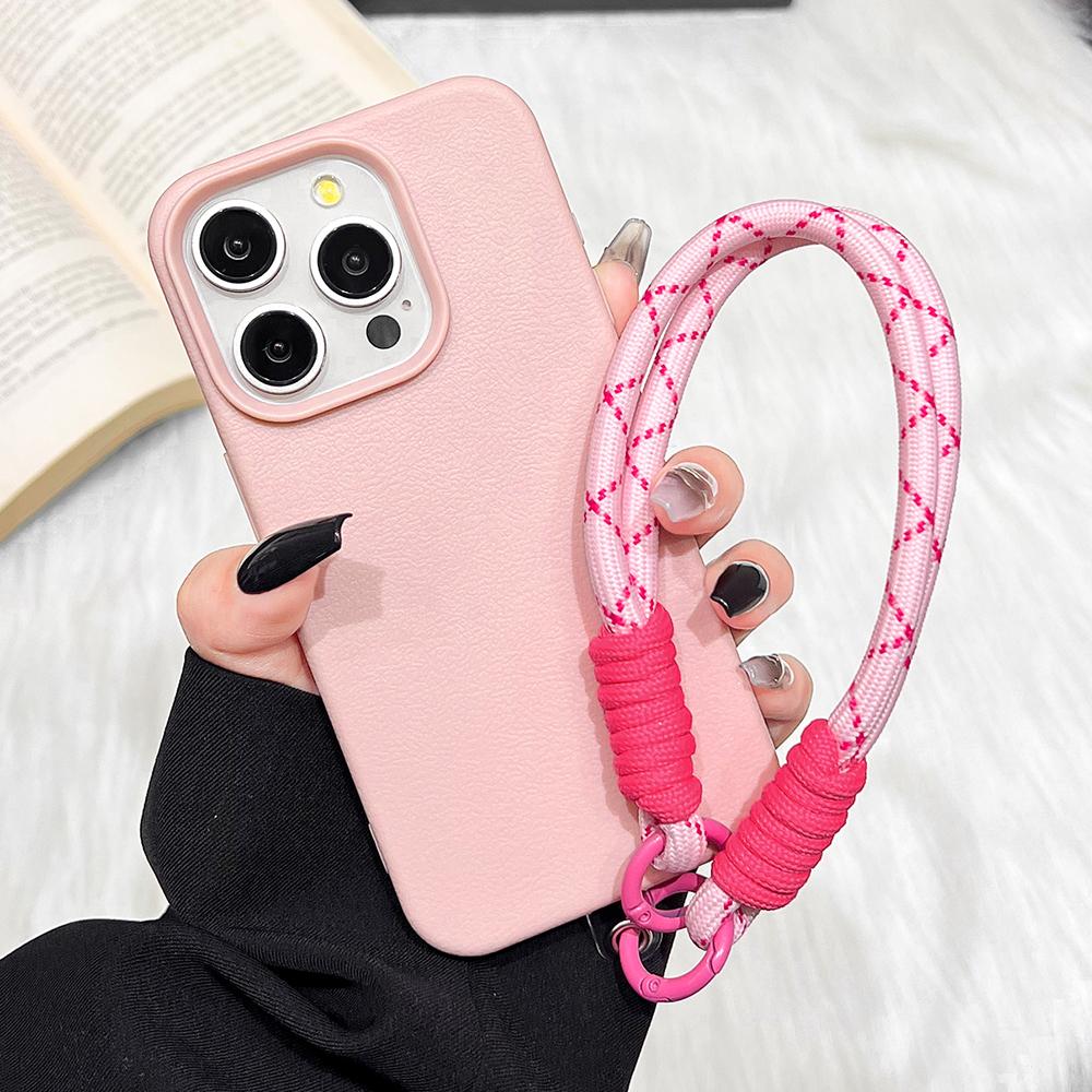 Cute Candy Leather Texture With Wrist Strap Case For iPhone 17 Air 16 15 14 11 12 13 16 Pro Max 16 Plus Solid Color Soft Cover