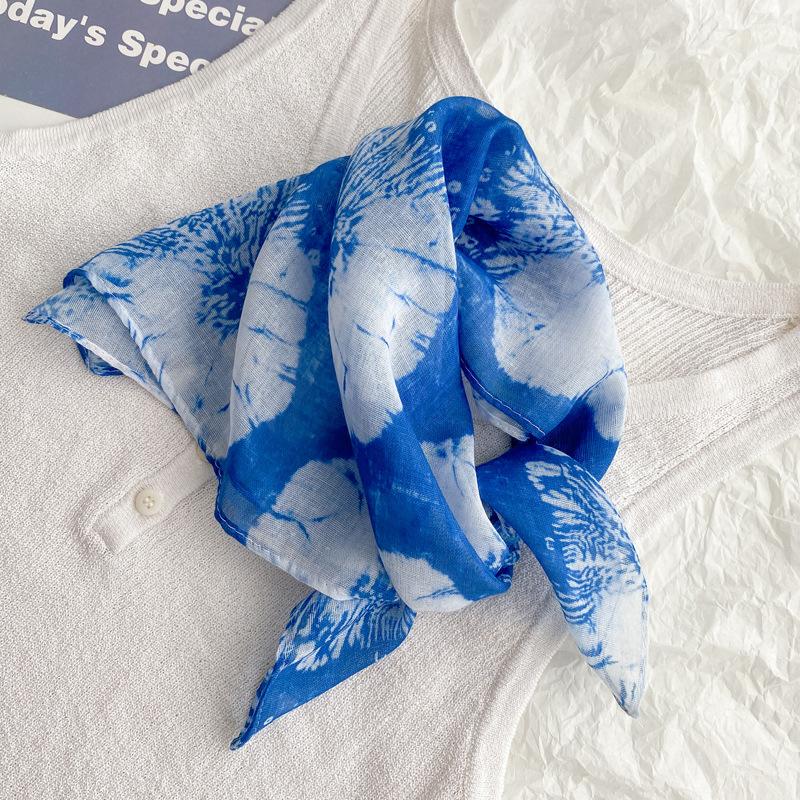 Flax small square scarf silk scarf women's headscarf neck protection scarf imitation blue dye handmade tie-dye scarf Yunnan yarn scarf thin scarf