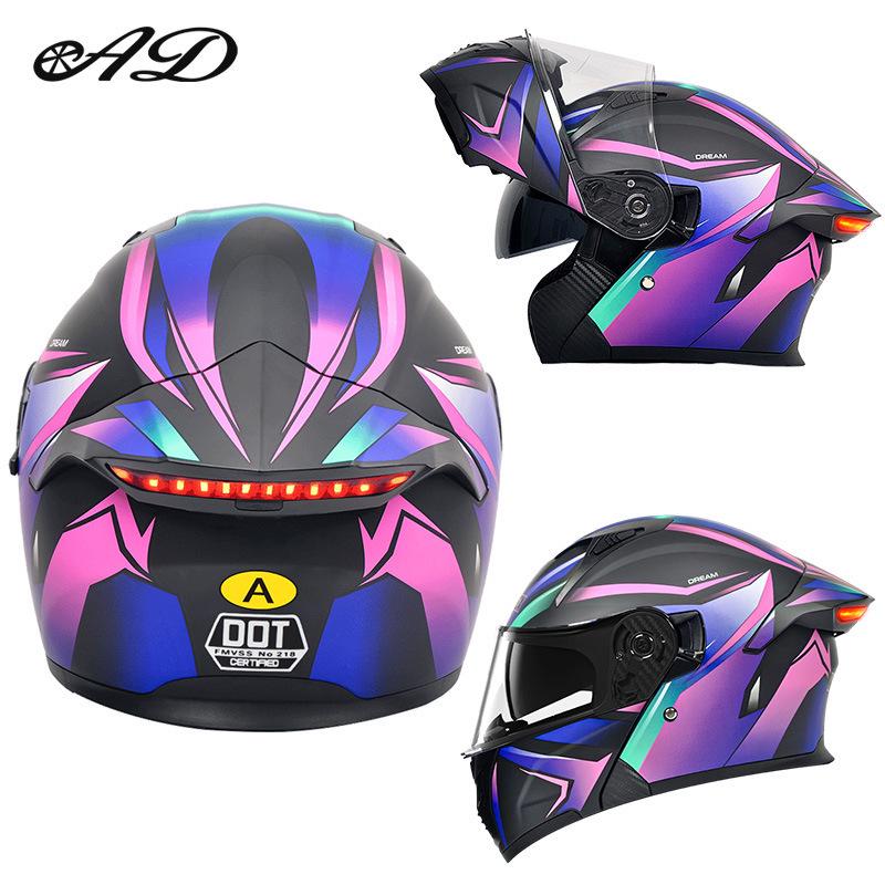 Unisex Full Face Flip-Up Motorcycle Helmet with LED Taillight, All-Season, 3C/DOT Certified