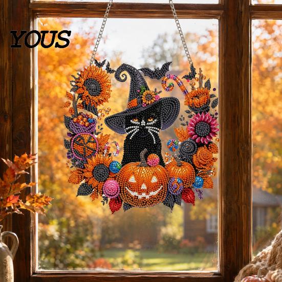 Anfängerfreundliches Strassmalerei Schwarze Katze Mond Set, Halloween Facettiertes Kunstkristall Hängende Dekoration, 3D Ornament DIY Bastel Fenster Dekoration für