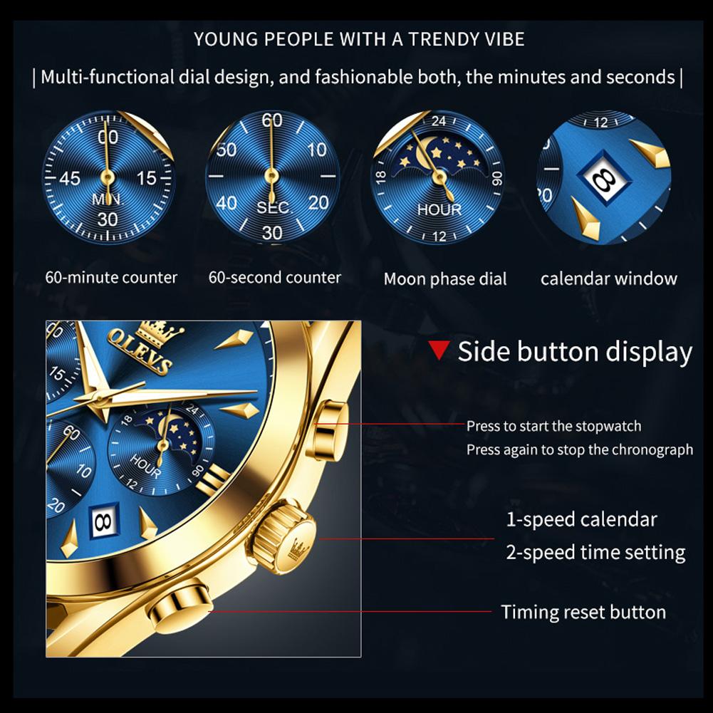 OLEVS Original Moon Phase Chronograph Man Watch Leather Strap Waterproof Luminous Luxury Brand Quartz Wrist Watches for Men