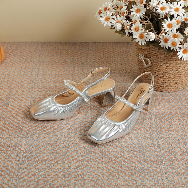 Square head shallow mouth Mary Jane high heels half bag head pearl rhinestone 2025 summer new with skirt thick heel sandals