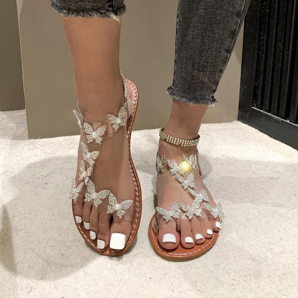 Summer Shoes Women Rhinestone Butterfly Flower Sandals Fashion Flat Bottom Transparent Casual Slip On Slides Sandalias De Mujer