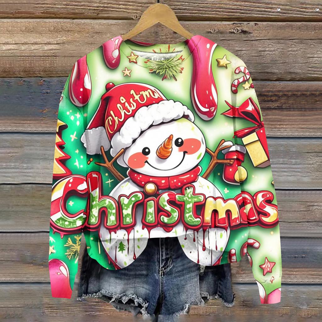 Ladies' Christmas Printed Long Sleeved Round Neck Hoodie Loose Top