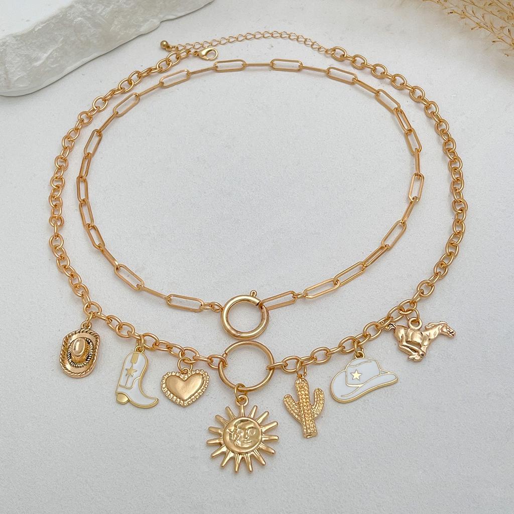 Fashion Hip Hop Cowboy Hat Sun Flower Necklace Women, Personalized Metal Love Pendant Clavicle Necklace