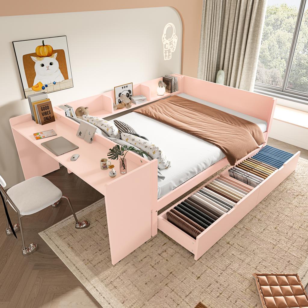 Letto a piattaforma, letto in legno, 140x200cm, con scrivania, dotato di 2 cassetti, letto matrimoniale (senza materasso), con ripiani, pino + truciolare, rosa