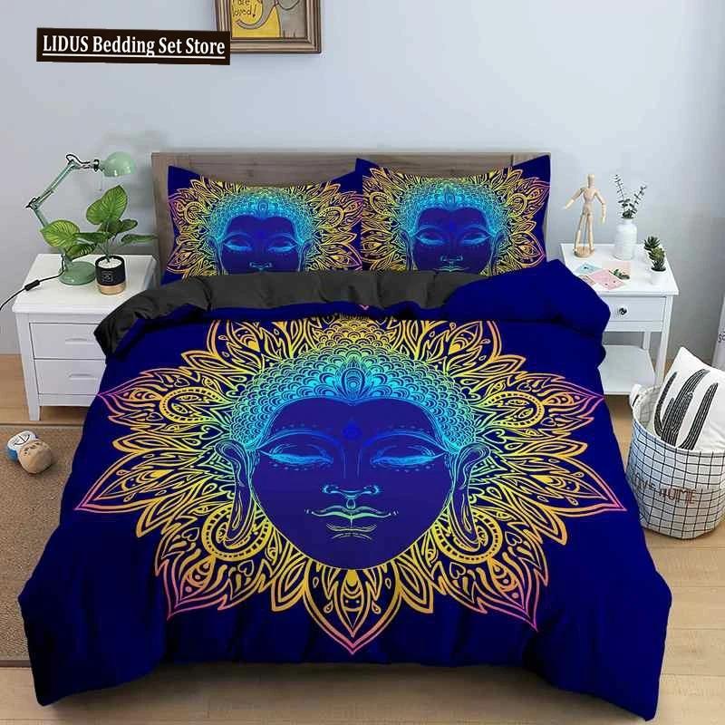 Buddha Bedding Set Indian Religion Buddhism Meditation Mandala Duvet Cover Smile Buddha Floral Soft Quilt Cover Queen King Size